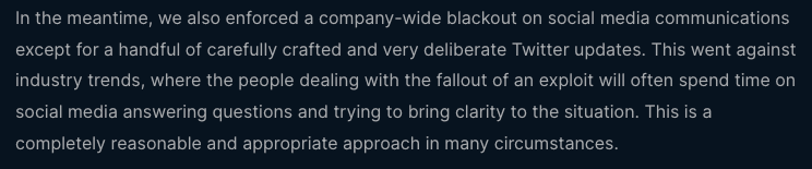 A screenshot of the founder of Euler's retrospective in which he explains the social media communications blackout