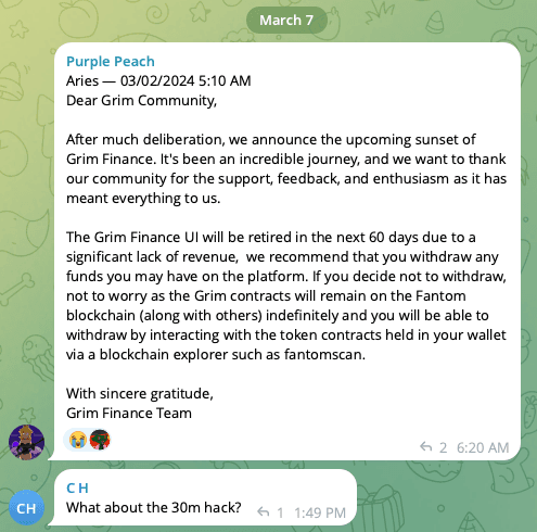 A screenshot of the Grim Finance moderator in the Grim Finance telegram announcing the product was being sunset