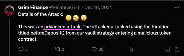 A screenshot of the Grim Finance twitter account calling the attack 'advanced'
