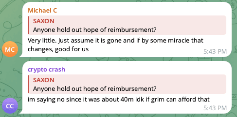 A screenshot of users in Grim Finance telegram channel speculating about the possibility of compensation