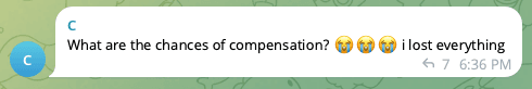 A screenshot of users in Grim Finance telegram channel wondering about compensation