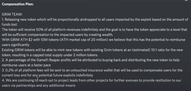 A screenshot of the official compensation plan published by the Grim Finance team