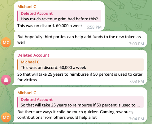 A screenshot of users in Grim Finance telegram channel discussing the compensation plan