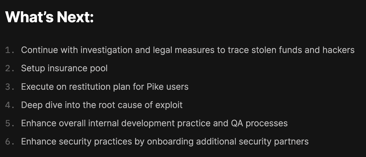 A screenshot from an official Pike blog post outlining their post-hack plan in 6 steps, including setting up an insurance pool and executing a restitution plan for users
